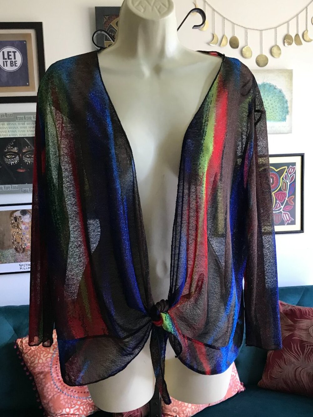CREATION size XXL Colorful Sheer Printed Mesh Tie Waist Jacket Top Wearable Art